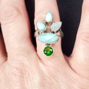New Rainbow Moonstone, Larimar & Peridot 925 Silver Ring.